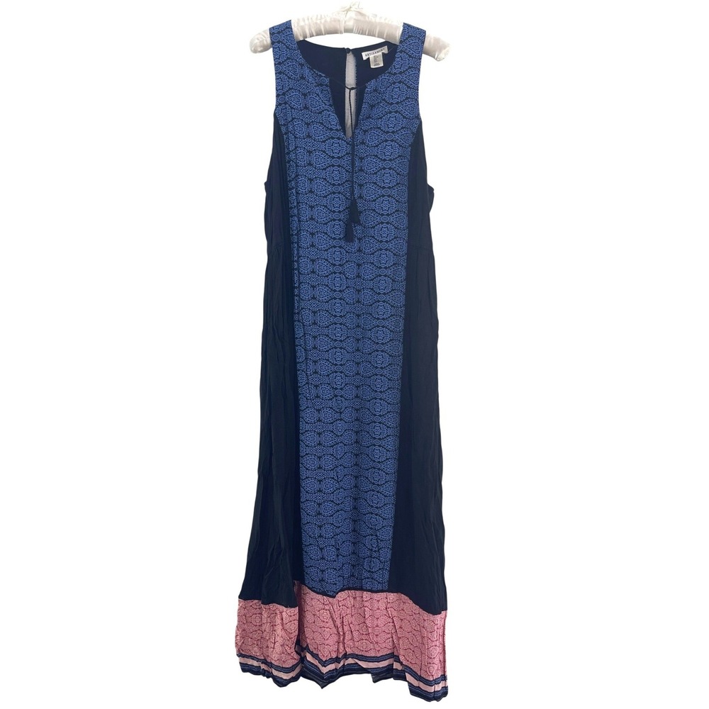 Artisan NY Maxi Dress Womens L Blue Black Pink Boho‎ Mixed Print Drape Airy